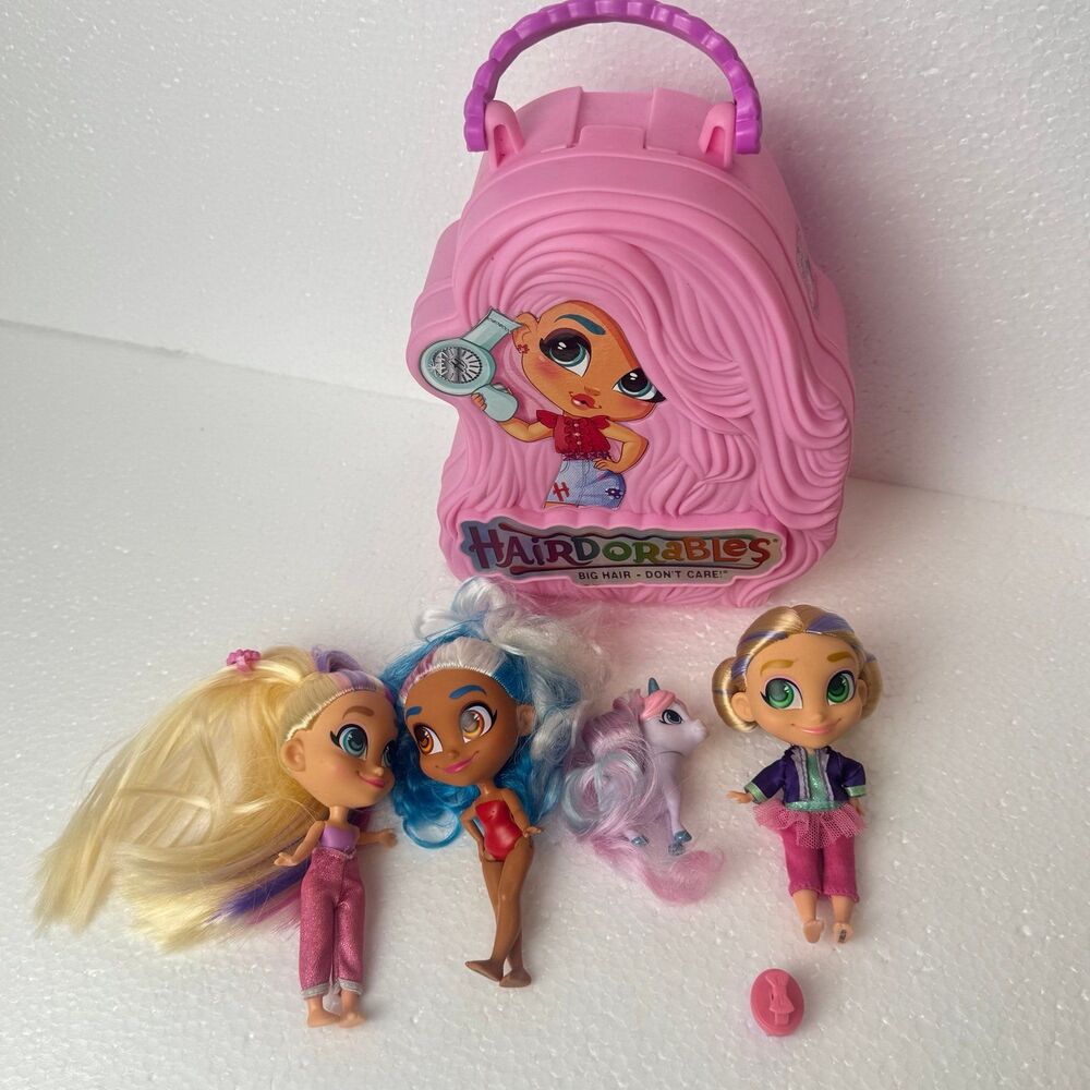 Hairdorables Lot of 3 Mini Dolls Figures Pink Hair Carrying Case & Unicorn Pet
